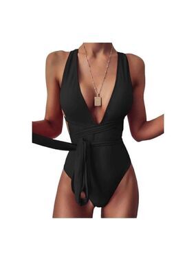 Lilosy Womens Black Halter Deep V-Neck Wrap Tie Waist One-Piece Swimsuit Size L